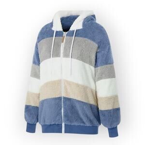 Sheshow Plush Hooded Zip Jacket Blue Stripe Fleece Pocket NWT L Cozy Casual